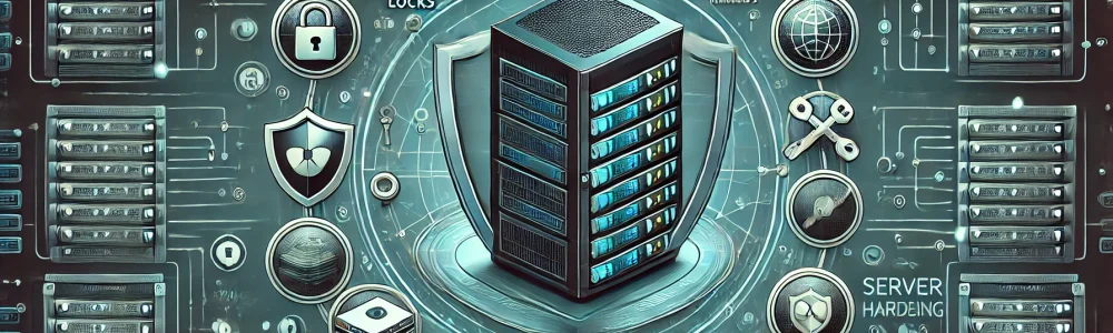 DALL·E 2024-08-05 09.08.15 - A detailed illustration of server hardening. In the center, there is a powerful server protected by a sturdy shield. Surrounding the server, various e